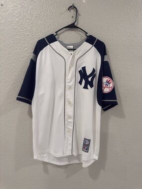 Majestic White Jersey with Gray Patch and Red & Blue Logo